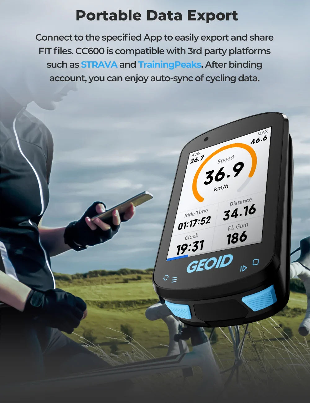 GPS Navigation Bike Computer - Colorful Screen Geoid CC600, Wireless Speedometer, GPX, Wifi Cycling Odometer, ANT+ Indoor Power