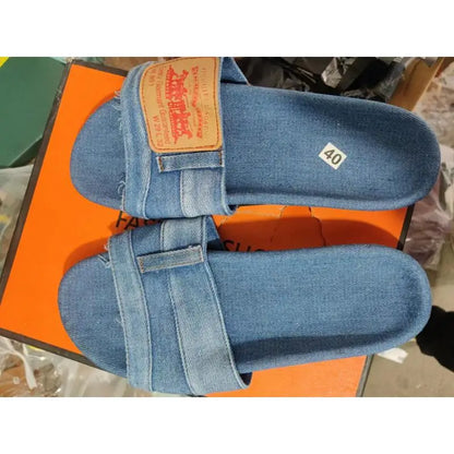 2024 Fashion Denim Slippers for Women - Non-slip, Comfortable Flat Slides, Outdoor Beach Casual Summer Shoes