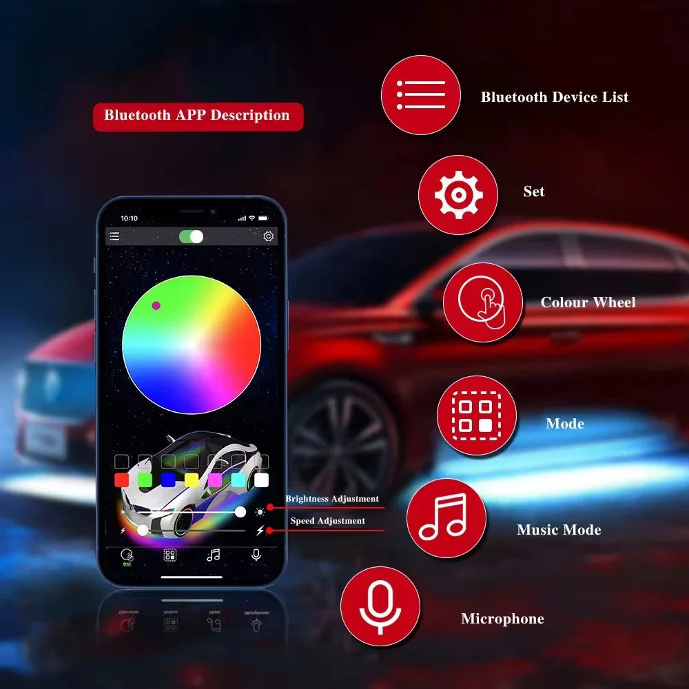 2-in-1 Dynamic Neon RGB Car LED Ambient Lighting – Auto OFF 60s Module for Tesla Model 3 & Y Dashboard Decoration