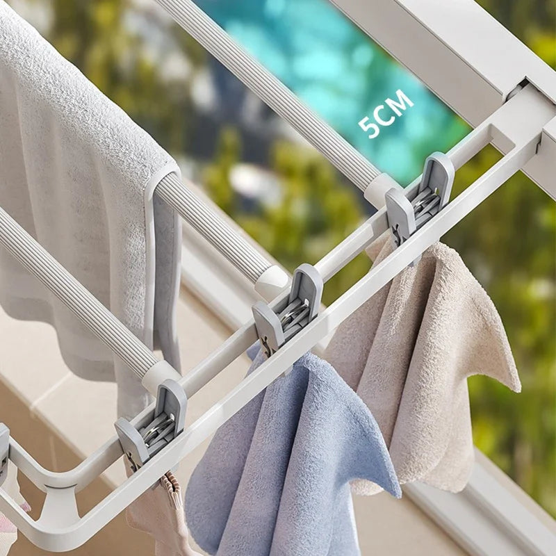 Wall-Mounted Folding Drying Rack with Windproof Sock Clips – Space-Saving Clothing Hanger for Household Laundry
