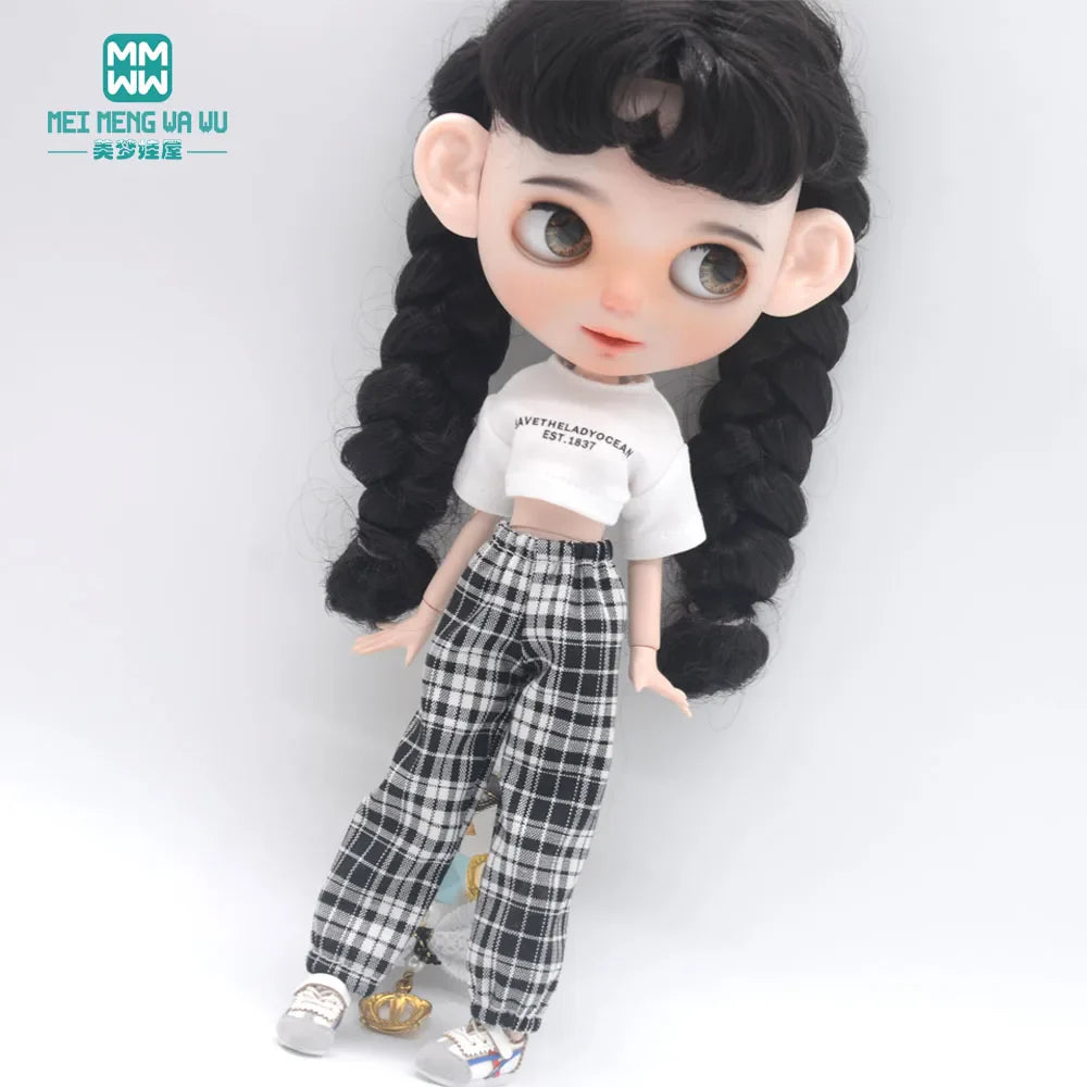 Blythe Doll Clothes – Fashion Tops, Black & White Shirts with Jeans & Plaid Pants for Azone OB22/OB24 Dolls
