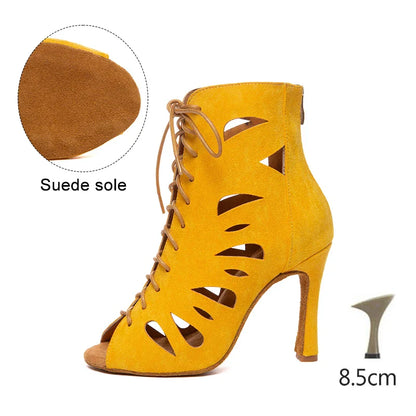 HROYL Women’s Latin Dance Shoes – Lace-Up Hollow Fish Mouth Jazz & Tango High Heels 6-10CM