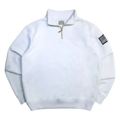 Men’s Y2K American Flag Embroidered Hoodie – Quarter Zip Streetwear Sweatshirt Navy Blue White Patch Sleeve Casual Pullover Sweater