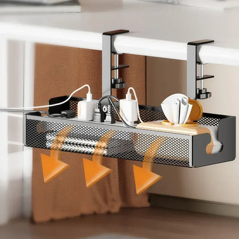 Desk Cord Storage Rack | No Drill Under Desk Cable Organizer | Metal Mesh High Load-Bearing Wire Holder