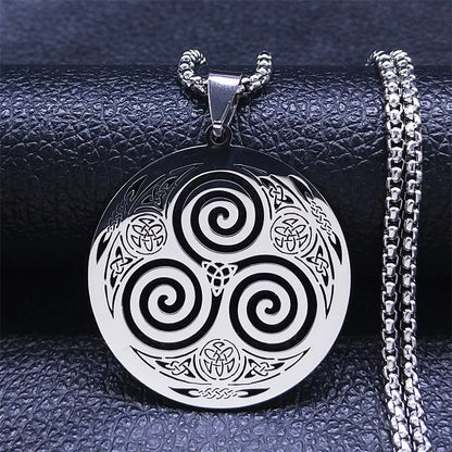 Stainless Steel Witchcraft Vortex Necklace – Viking Triskelion Celtic Knot Spiral, Silver Jewelry N7062S02