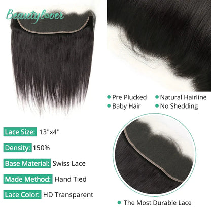 13x4 Transparent Lace Frontal – Brazilian Straight Human Hair Closure 4x4, 5x5, 6x6, 24 Inch for Women