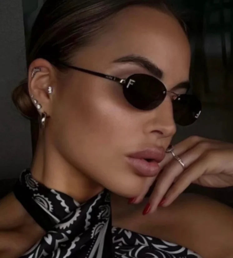 Diamond Letter "F" Rimless Sunglasses | Women’s Luxury Metal Frame Black Oval UV400 Shades