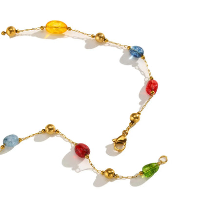 Colorful Rainbow Stone Boho Necklace - Stainless Steel Beaded Y-Shaped Chain Jewelry for Women’s Fashion Style