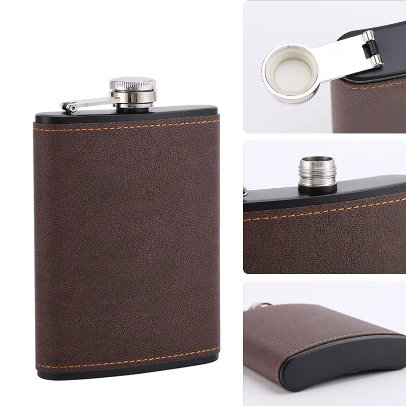 6/8oz Portable Hip Flask – Brown Leather Covered Stainless Steel Flask for Whiskey & Alcohol, Men's Gift