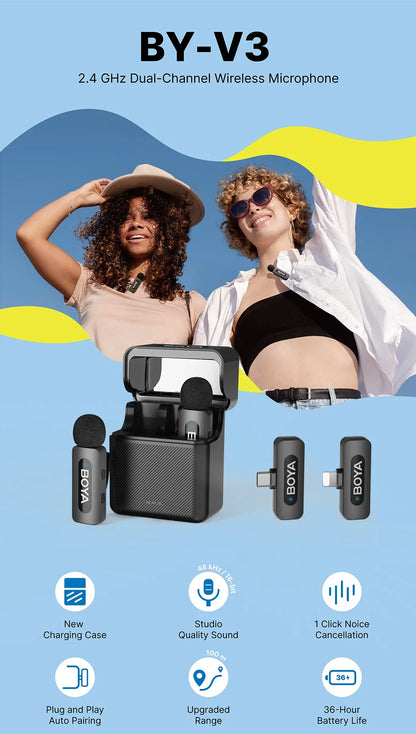 BOYA BY-V3 Wireless Lavalier Microphone – Lapel Mic for iPhone, iPad, Android, USB-C, Gaming, Video Recording & Streaming