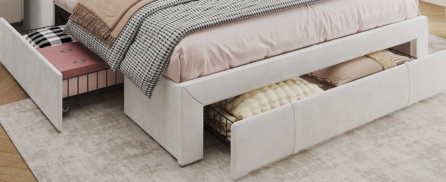 Queen Size Upholstered Platform Bed Frame with LED Lights, 3 Storage Drawers & USB Charging Station – Velvet Finish