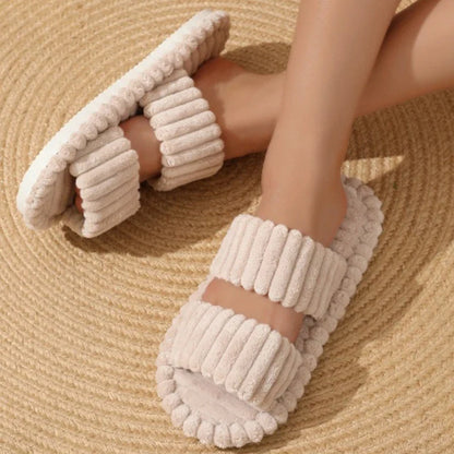 Women’s Corduroy Fuzzy Home Slippers – Lightweight Open Toe Non-Slip Plush Indoor Floor Slides for Autumn & Winter