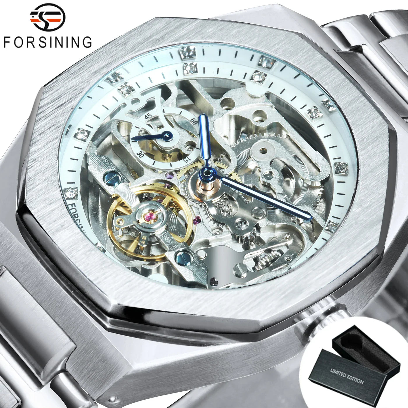 Forsining Men’s Automatic Mechanical Watch – Luminous Hands, Stainless Steel Strap, Luxury Skeleton Fashion Watch