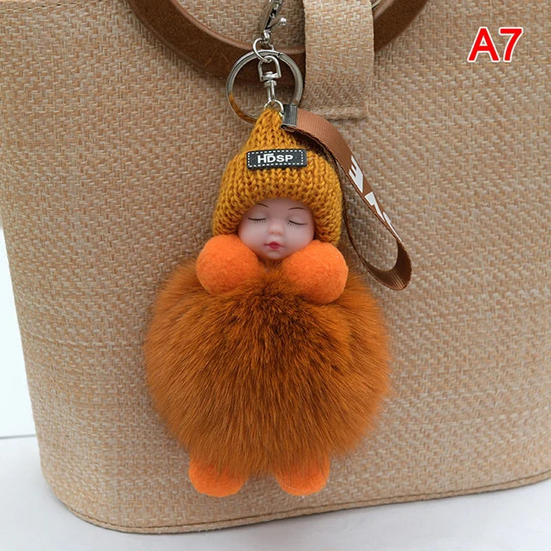 Pompom Sleeping Baby Keychain - Fluffy Plush Doll Keyring for Bags, Cars & Gift Decoration