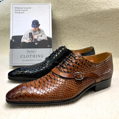 Men’s Handmade Italian-Style Leather Dress Shoes - Pointed Toe Python Pattern Wedding & Business Oxford Shoes