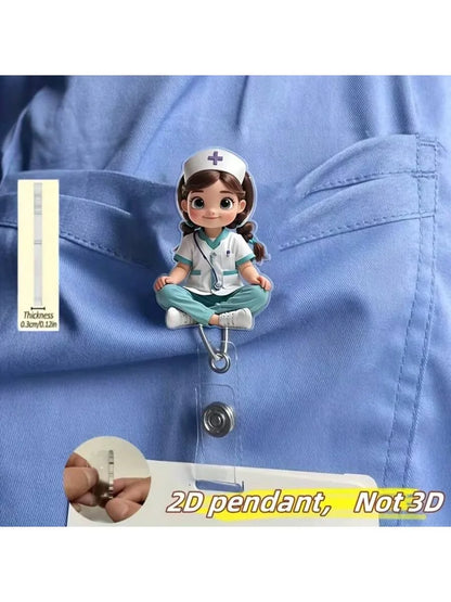 Cute Nurse Retractable Badge Holder - Acrylic Medical ID Clip Reel for Doctors, RN & LPN Staff