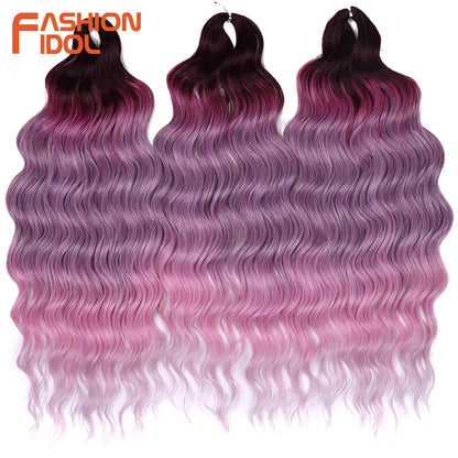 FASHION IDOL 24" Deep Wave Crochet Hair - 3-Piece Synthetic Water Wave Braiding Extensions, Ombre Rainbow Twist Hair
