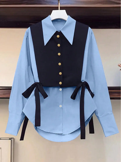 Women’s Colorblock Button-Front Shirt – Loose Fit Blouse with Tie Detail
