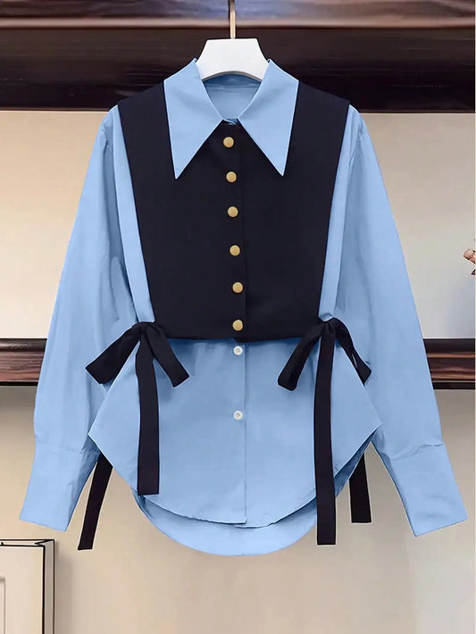 Women’s Colorblock Button-Front Shirt – Loose Fit Blouse with Tie Detail