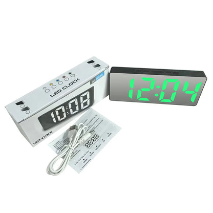 Noiseless LED Mirror Alarm Clock — Large Digital Display Silent Electronic Clock