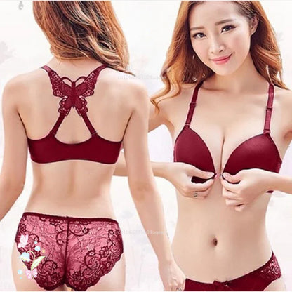 Women Butterfly Front Buckle Bra & Brief Set – Detachable Double Strap Sexy Sheer Lingerie Romantic Underwear Set