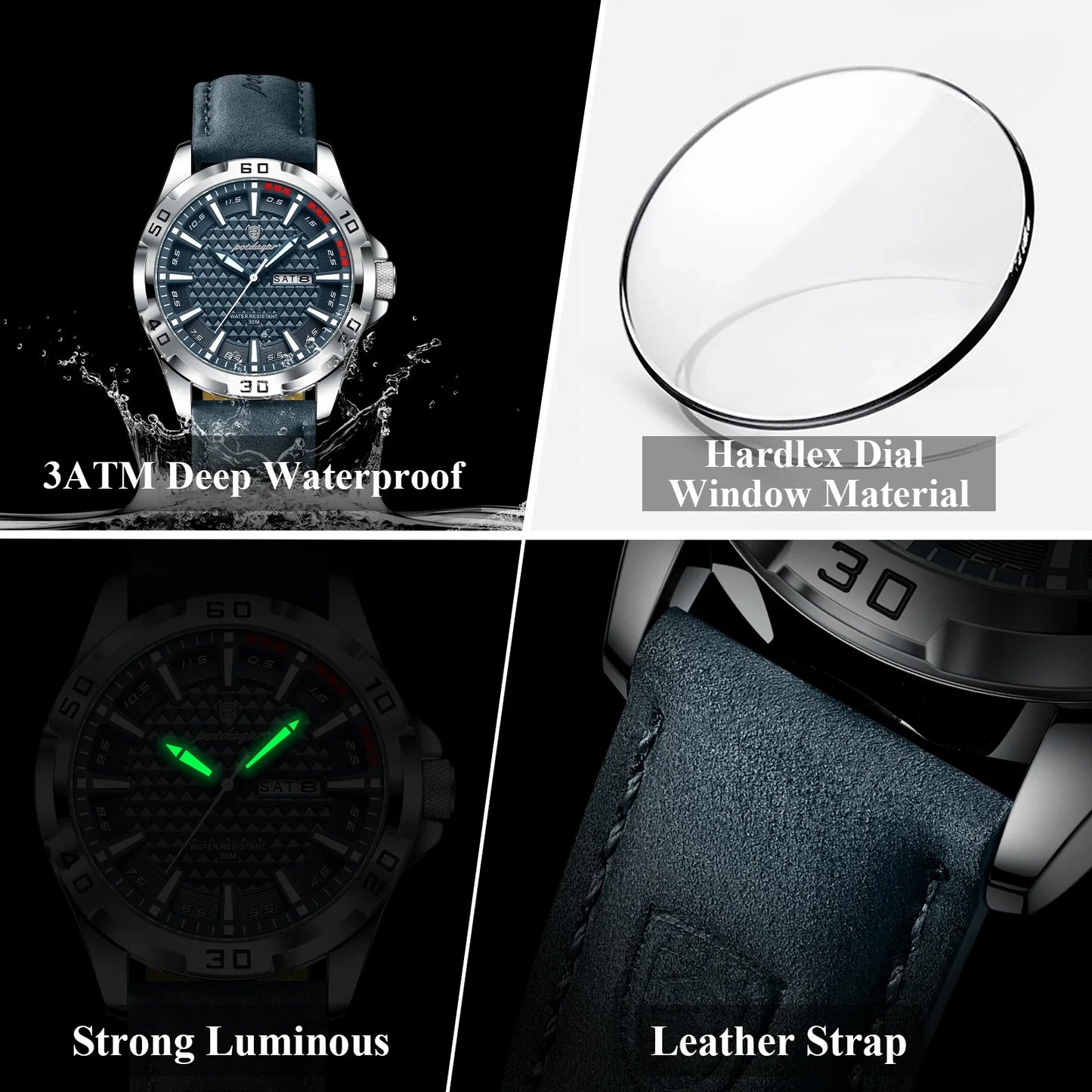 POEDAGAR Men’s Luxury Wristwatch – Waterproof Quartz Sport Watch with Luminous Hands, Date & Week Display, Leather Strap