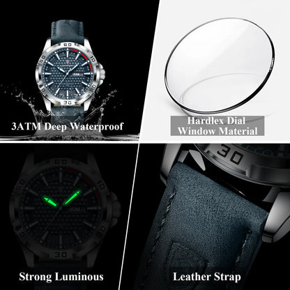POEDAGAR Men’s Luxury Wristwatch – Waterproof Quartz Sport Watch with Luminous Hands, Date & Week Display, Leather Strap