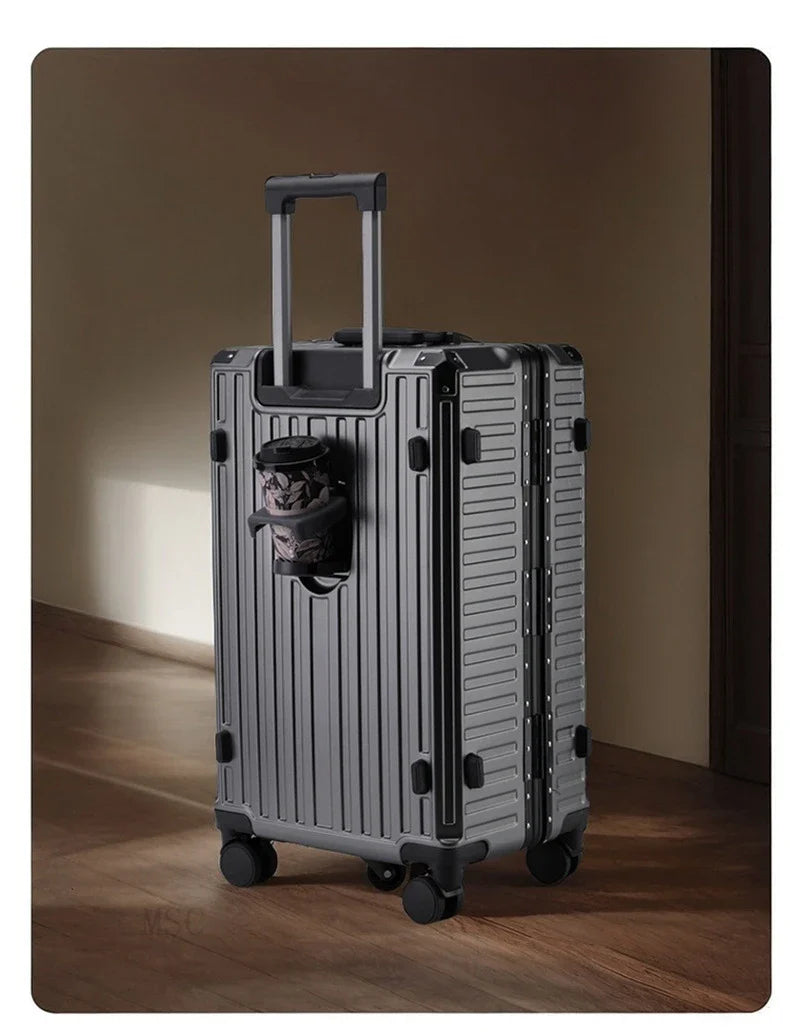 30-Inch Five-Wheel Aluminum Frame Suitcase — Multifunctional Cabin Luggage with Password Lock, USB Port & Cup Holder