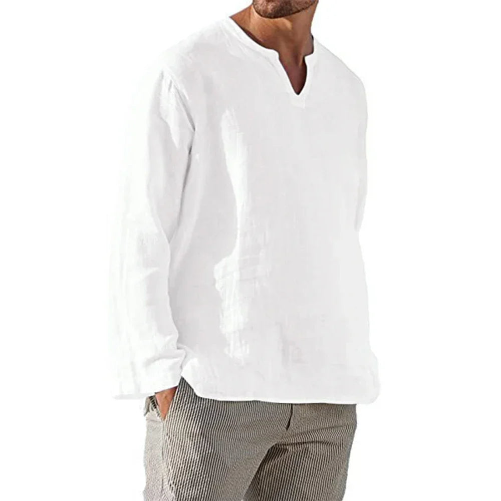 Men's Cotton Linen Shirt — Cozy Solid Color Long Sleeve V-Neck Casual Hawaiian Top, Lightweight & Breathable