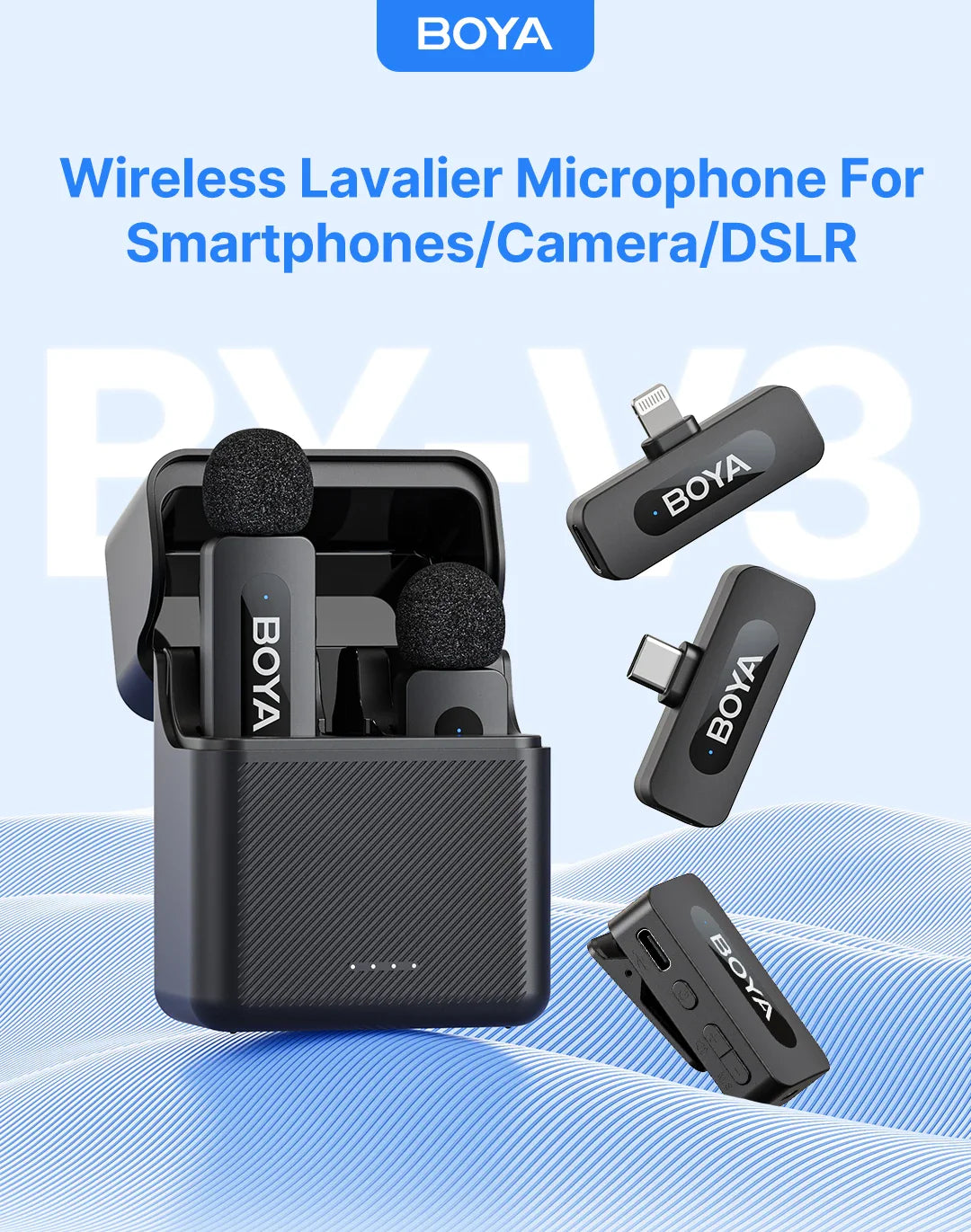 BOYA BY-V3 Wireless Lavalier Lapel Microphone – Noise-Cancelling Rechargeable Mic for iPhone, Android, Camera & Vlogging