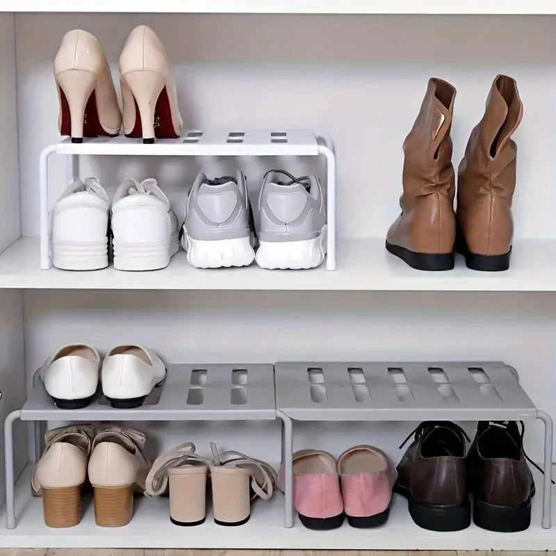 Adjustable Multi-Tier Plastic Shoe Rack — Space-Saving Storage Organizer for Sneakers, Slippers, Home, Dorm, Closet, White or Gray