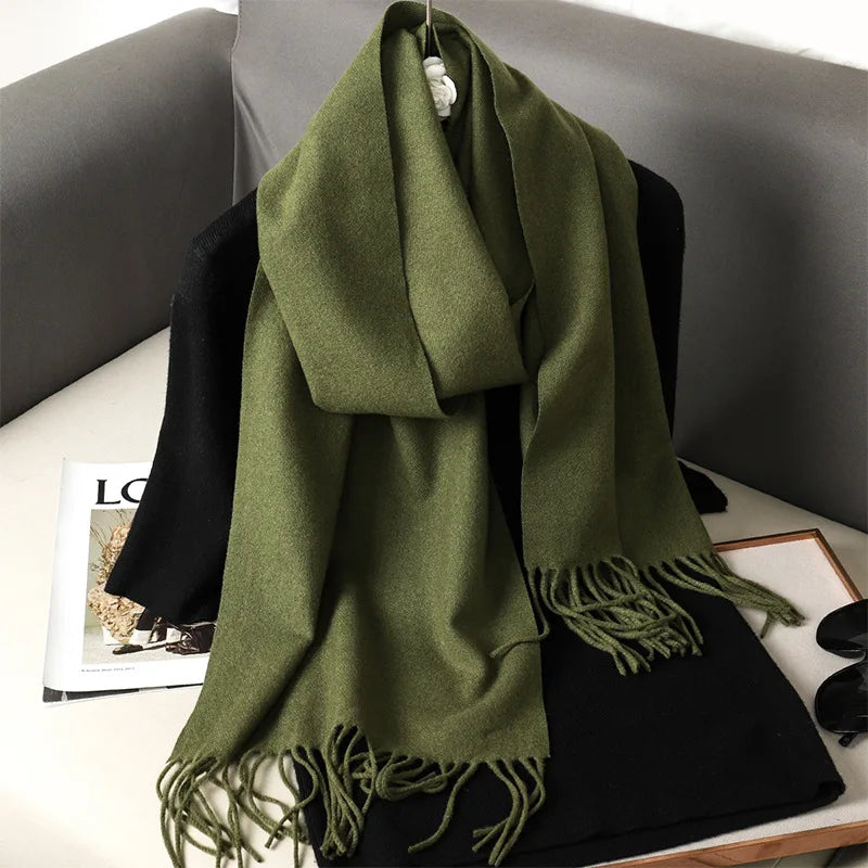 62-Color Solid Women’s Winter Scarf — Thick Warm Cashmere Pashmina Shawl with Tassels, Outdoor Luxury Wrap, Windproof Fashion Scarf