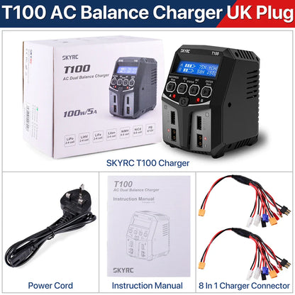 SKYRC T100 AC Dual 5A Lipo Battery Charger — 2x50W Balance Charger for 2-4S NiMH, NiCd, LiPo, LiFe, LiIon, LiHV RC Cars