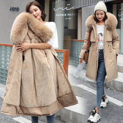 Women's Winter Hooded Parka - Long Padded Coat with Wool Lining & Fur Collar, 6XL