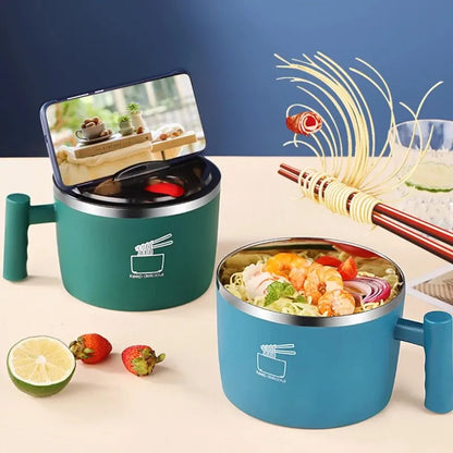 Stainless Steel Bowl with Lid - Sealed and Portable Drain Bowl for Instant Noodles - Ideal Kitchen Utensil and Noodle Partner