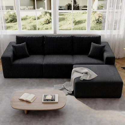 139" Cloud Sectional Sofa – Deep Seat Modular L-Shape Corduroy Couch, Frameless 4-Seater Living Room Sofa with Left Chaise (Black)