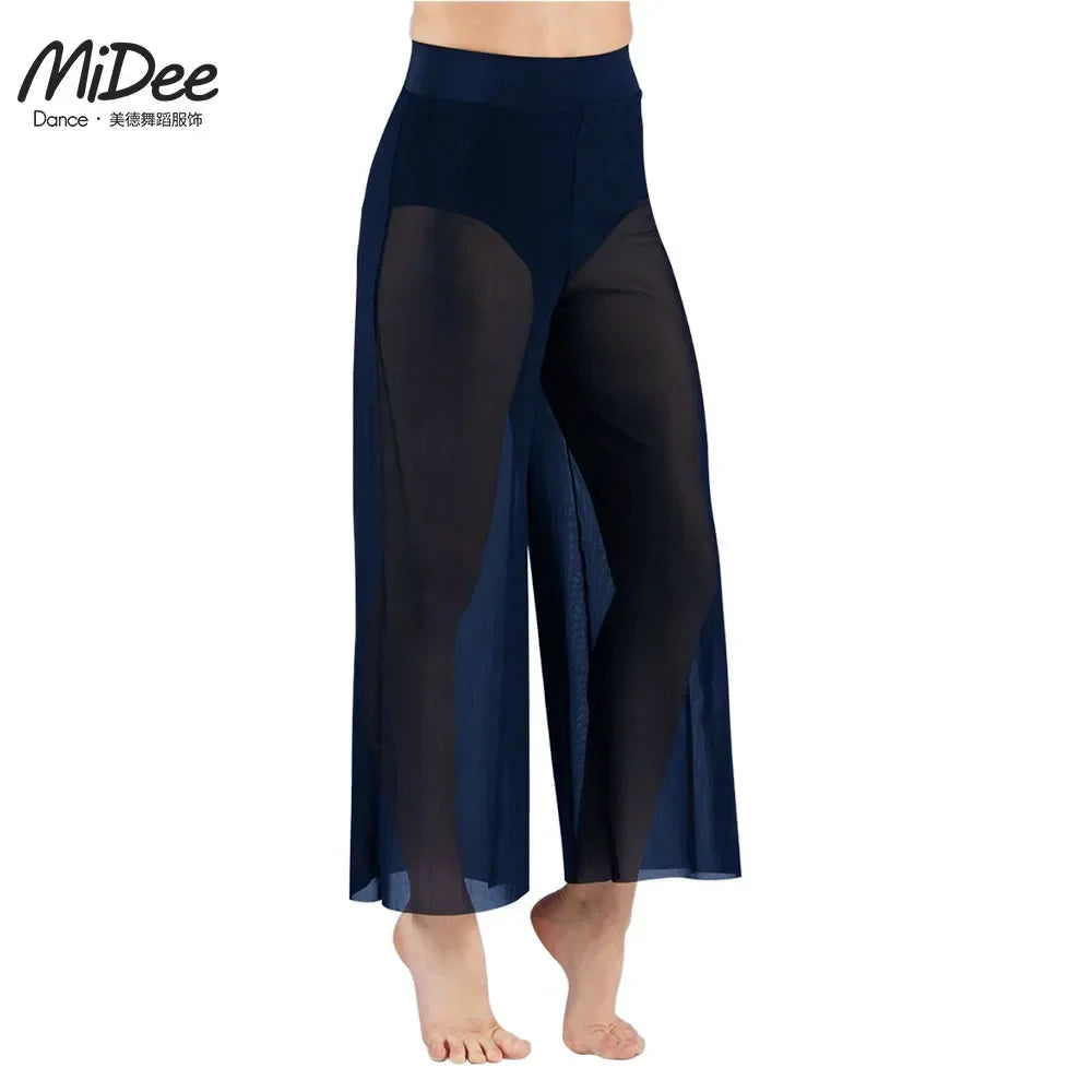 Women’s Lyrical Mesh Wide Leg Dance Pants – High Waist Modern Ballet Palazzo Trousers Contemporary Dance Costume Plus Size