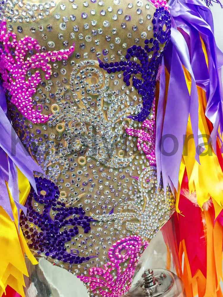 Colorful Feather Sleeve Rhinestone Bodysuit – Women’s Nightclub Party Dance Performance Costume