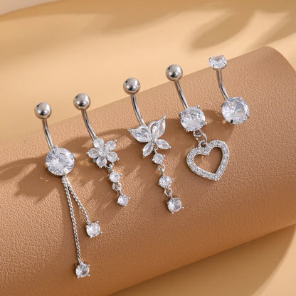 5PCS Belly Button Ring Set – 14G Curved Navel Piercing with Butterfly & Heart Charms, Body Jewelry for Women & Girls