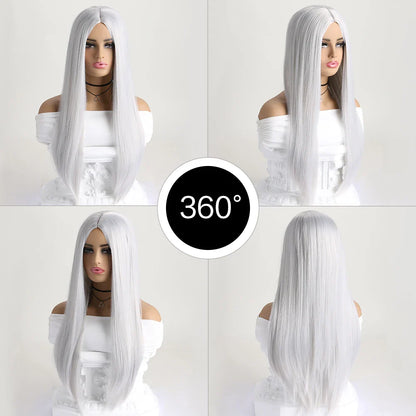 26-Inch Long Straight Wig with Mid Bangs – Black Ombre Heat-Resistant Wig for Women, Daily Wear, Cosplay & Halloween