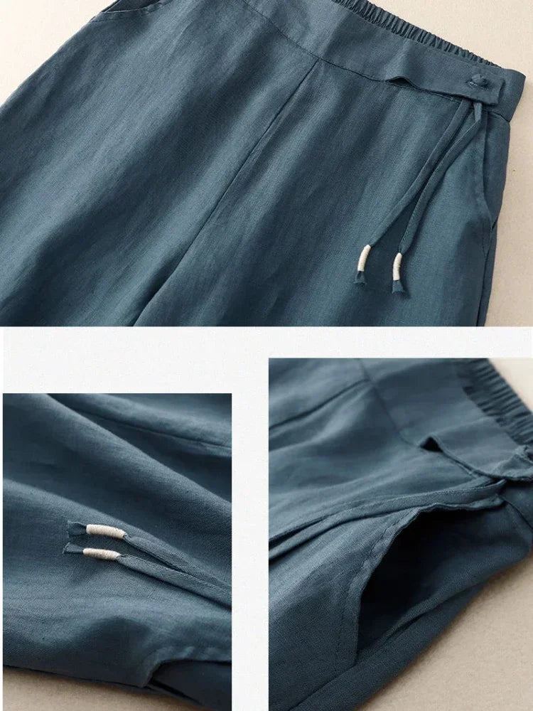 Women’s High Waist Ankle Length Pants – Loose Casual Elegant Yellow Cotton Linen Wide Leg Straight Summer Trousers