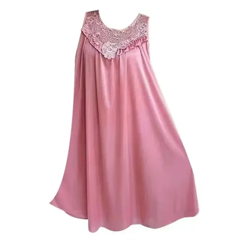 Lace Ice Silk Nightgown - Sleeveless Medium-Length Sleepwear Dress for Women