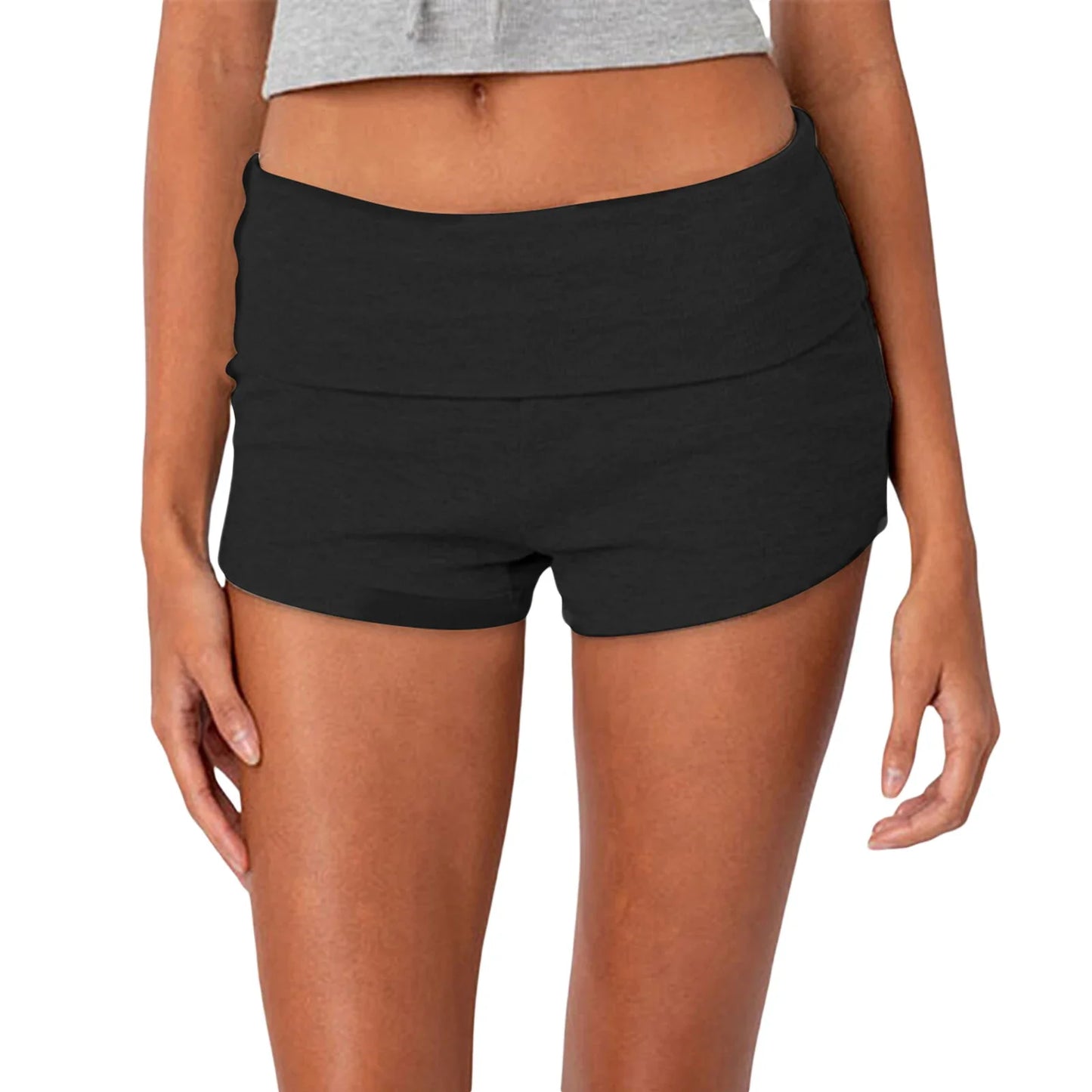 Summer Women’s Slim Solid Color Yoga Shorts — Casual Fold-Over Low Waist Lounge Shorts