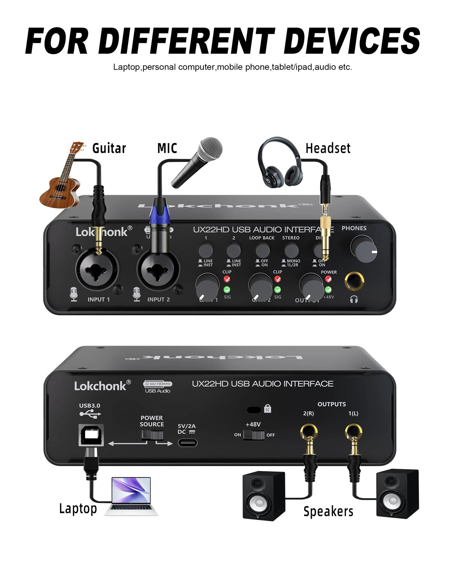 UX22 Audio Interface Sound Card – 32-bit/192KHz AD Converter for Electric Guitar, Live Recording, Studio Singing & Podcast
