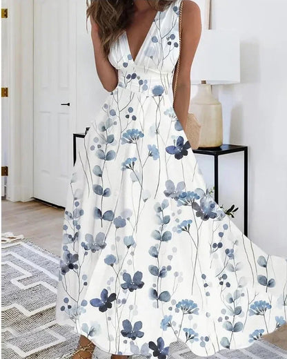 Women's Summer V Neck Maxi Dress - Sleeveless High Waist Elegant Print Dress for Office & Holiday Wear