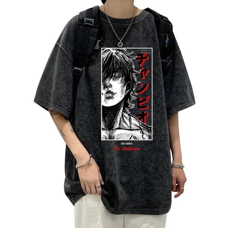 Summer Anime Print T-Shirt: Vintage Black Harajuku Oversized Tee for Men - Cotton Loose Washed Tops, Perfect for Streetwear Style