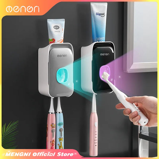MENGNI Automatic Toothpaste Dispenser: Wall-Mounted Squeezer with Toothbrush Holder - Bathroom Accessories Set