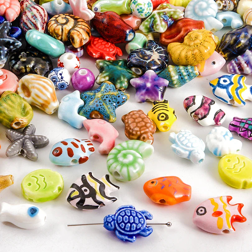 10/20/30PCS Colorful Ceramic Animal Beads – 2mm Hole Clownfish, Turtle, Star & Conch Shell for DIY Jewelry, Bracelets & Crafts