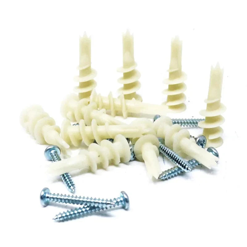 100Pcs Nylon Drywall Ribbed Anchors with Self-Tapping Screws — Plastic Plasterboard Wall Bolts