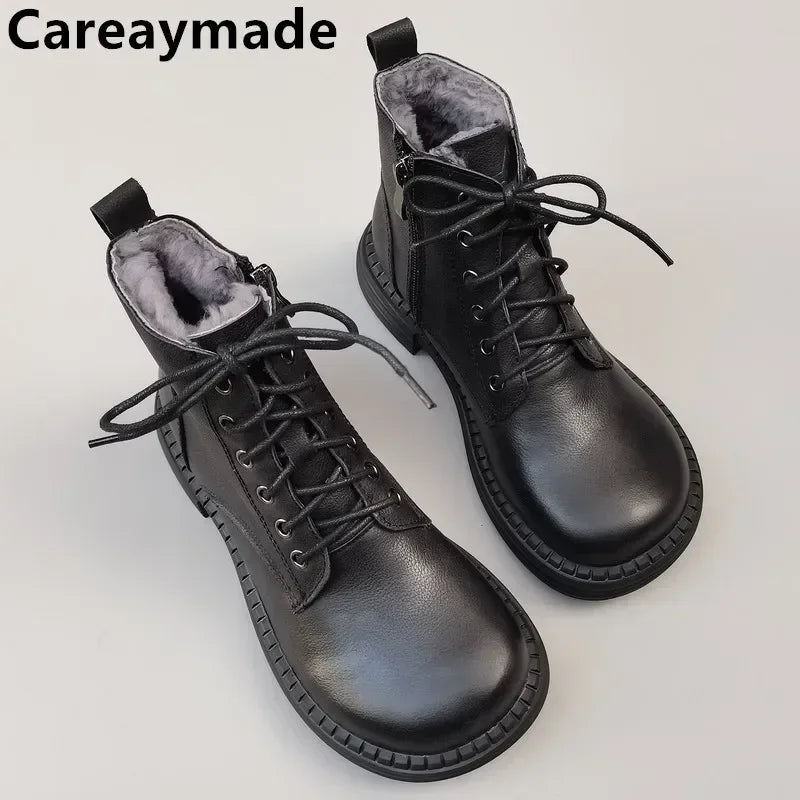 Careaymade 100% Genuine Leather Wide Casual Women’s Short Boots – Big Size, Handmade Men’s Wool Boots